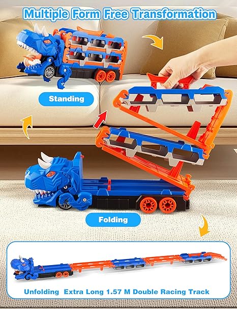 Dinosaur Transport Truck Racing Track Toy Set – Foldable 157cm Track with 6 Mini Cars