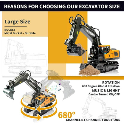 RC 11-Channel Excavator Construction Toy – 1:20 Remote Control JCB with Metal Shovel