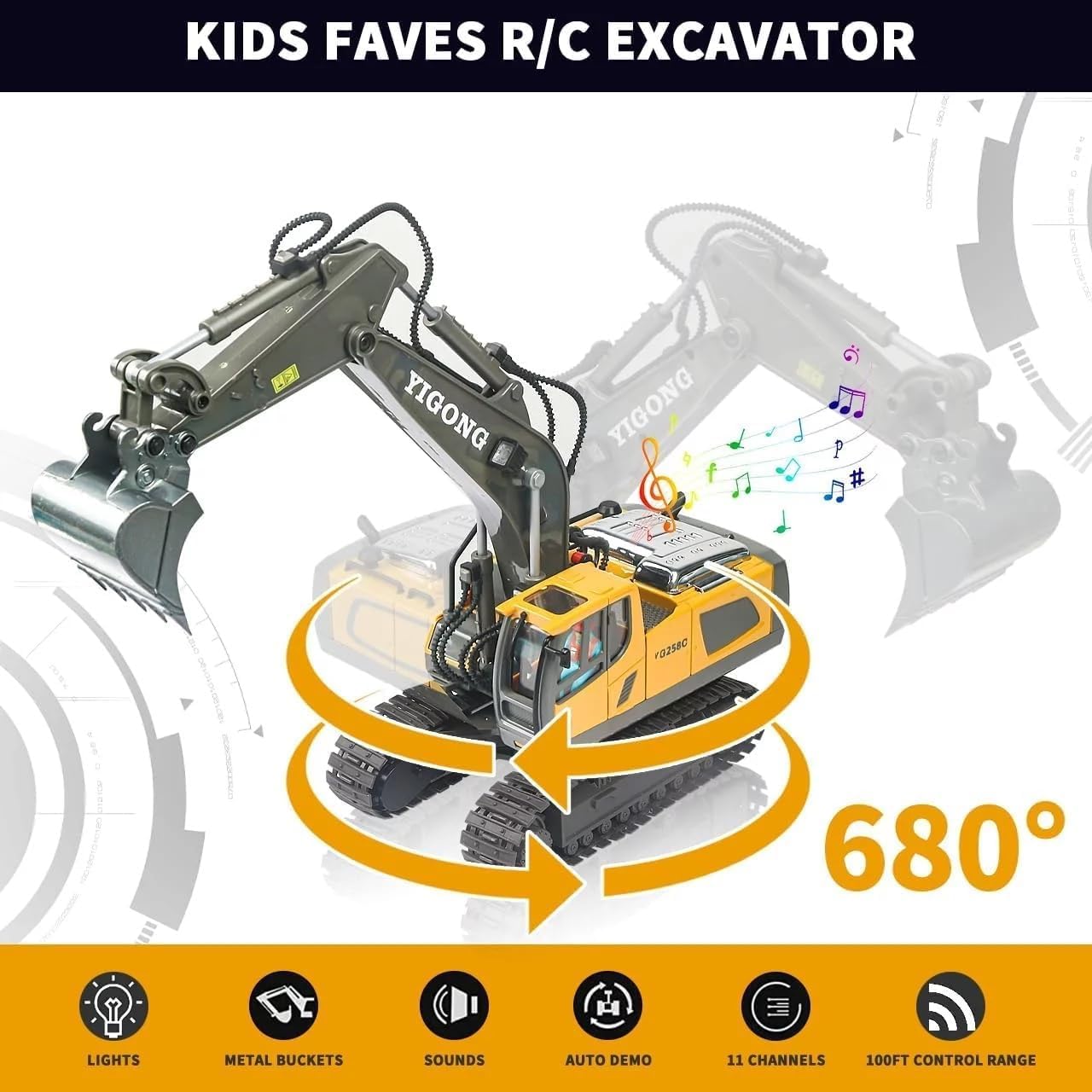 RC 11-Channel Excavator Construction Toy – 1:20 Remote Control JCB with Metal Shovel